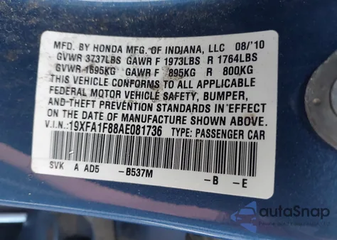 2010 Honda Civic Ex z USA, uszkodzony, nr VIN 19XFA1F88AE081736